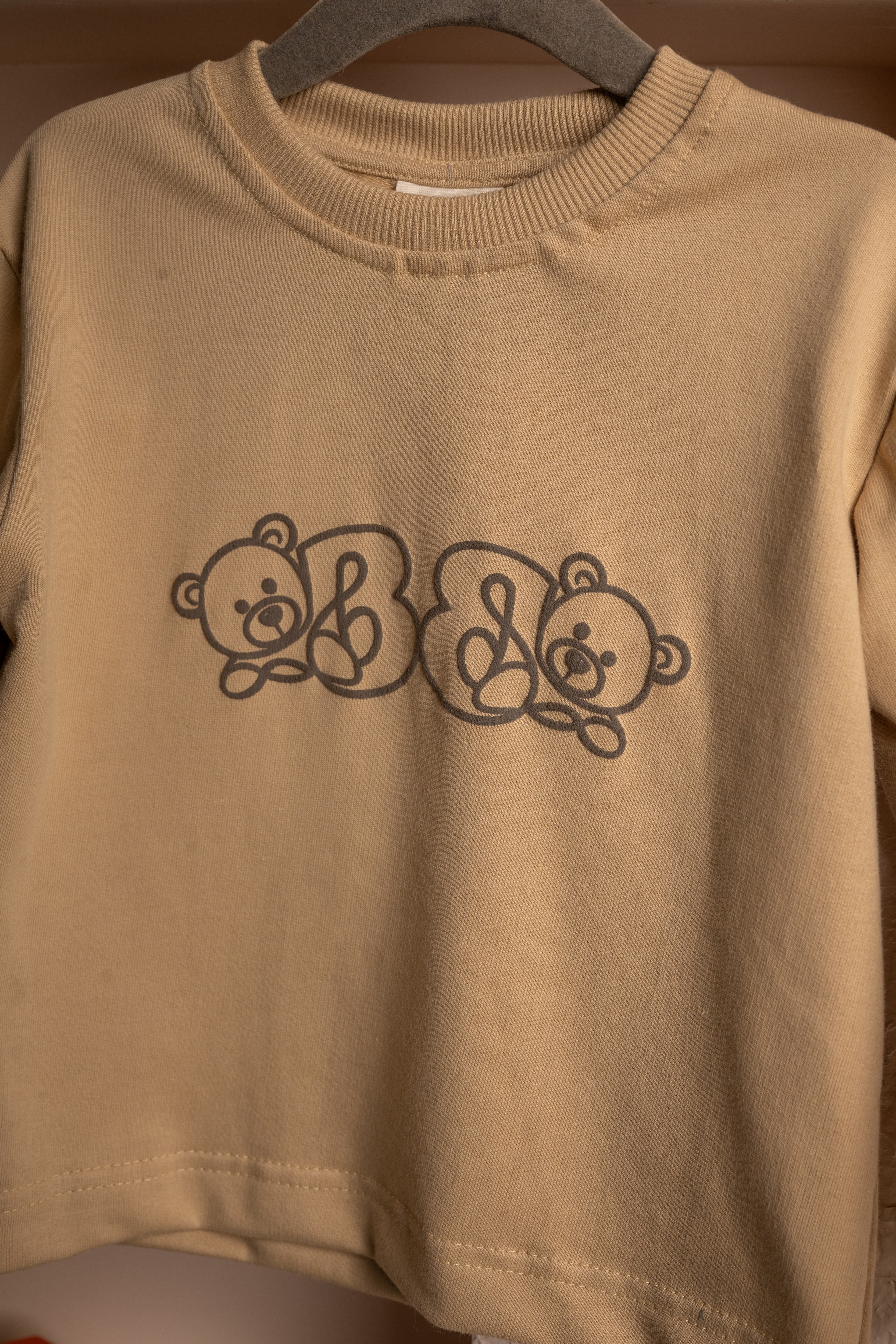 Luxury beige sweatshirt with twin teddy bear graphic on soft fabric, elegant casual wear
